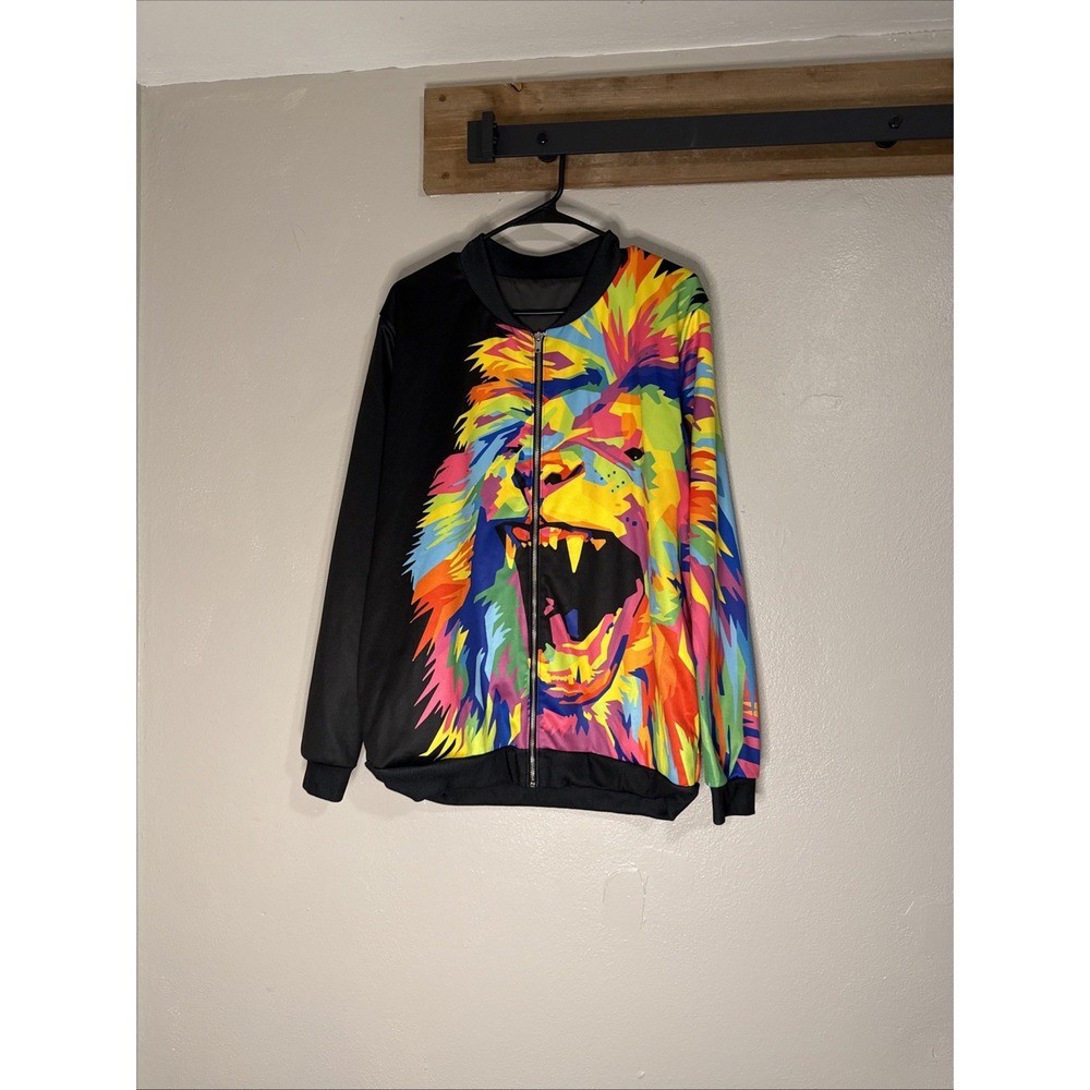 iEDM Rainbow Lion King Bomber Jacket Men's Large Colorful Rave Festival Zip Up